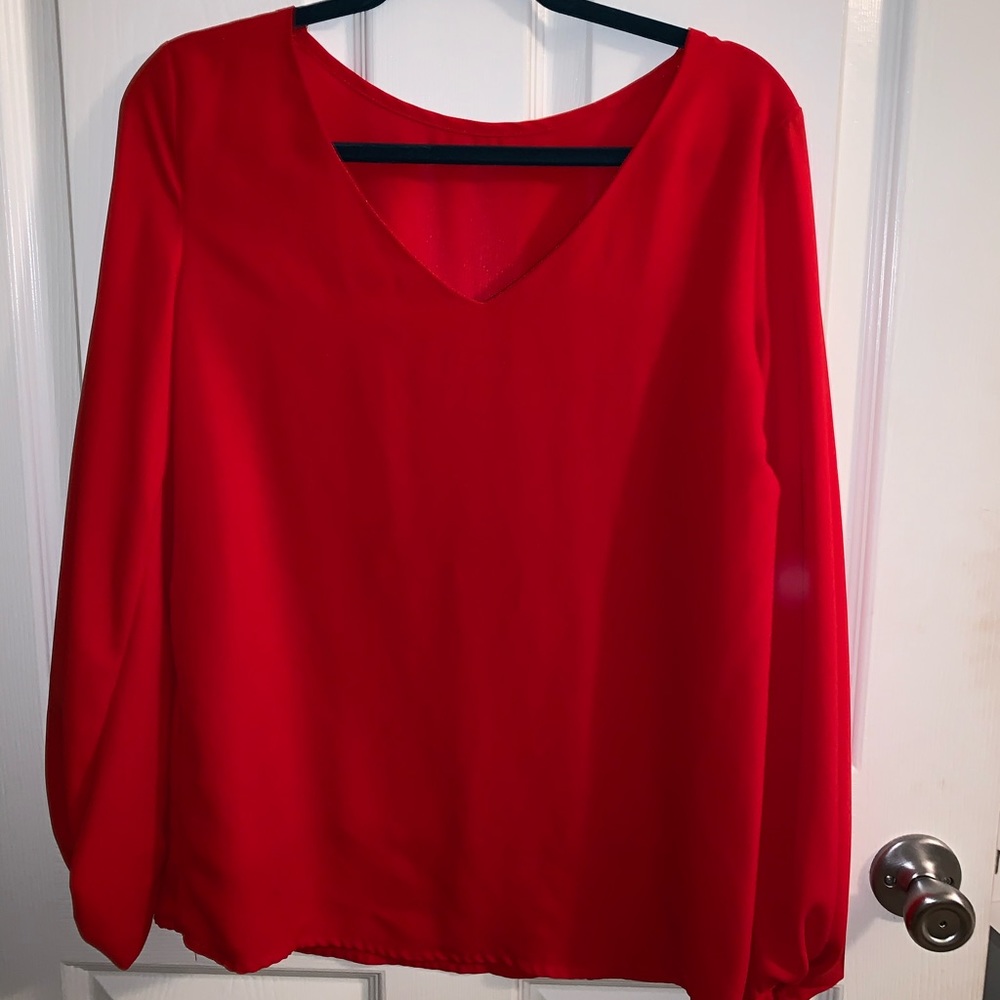 Red V-Neck Long Sleeve Blouse
